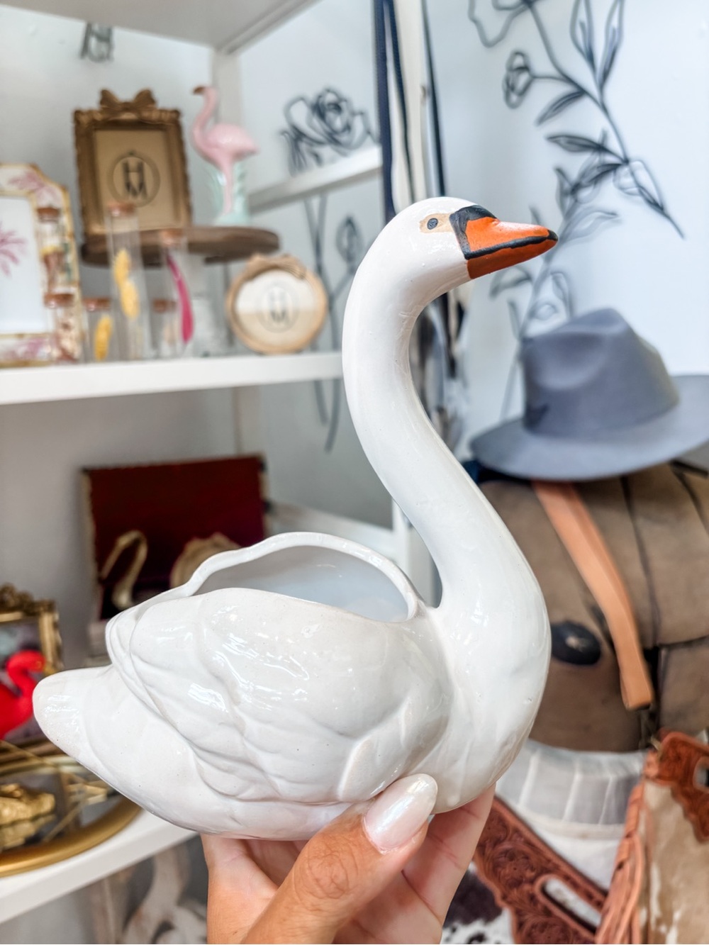 White Ceramic Swan Planter with Orange Beak
